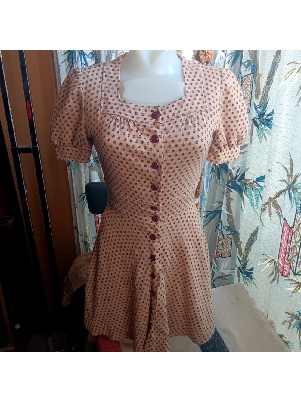 Small Vintage Misty Lane Mod Dress 1970s Puff Sleeves Stretch Knit Babydoll